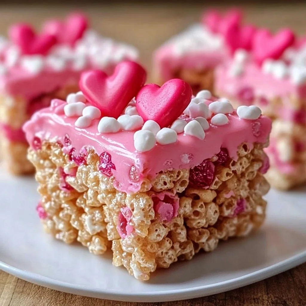 Heart-shaped Valentine Rice Krispie Treats decorated with colorful sprinkles