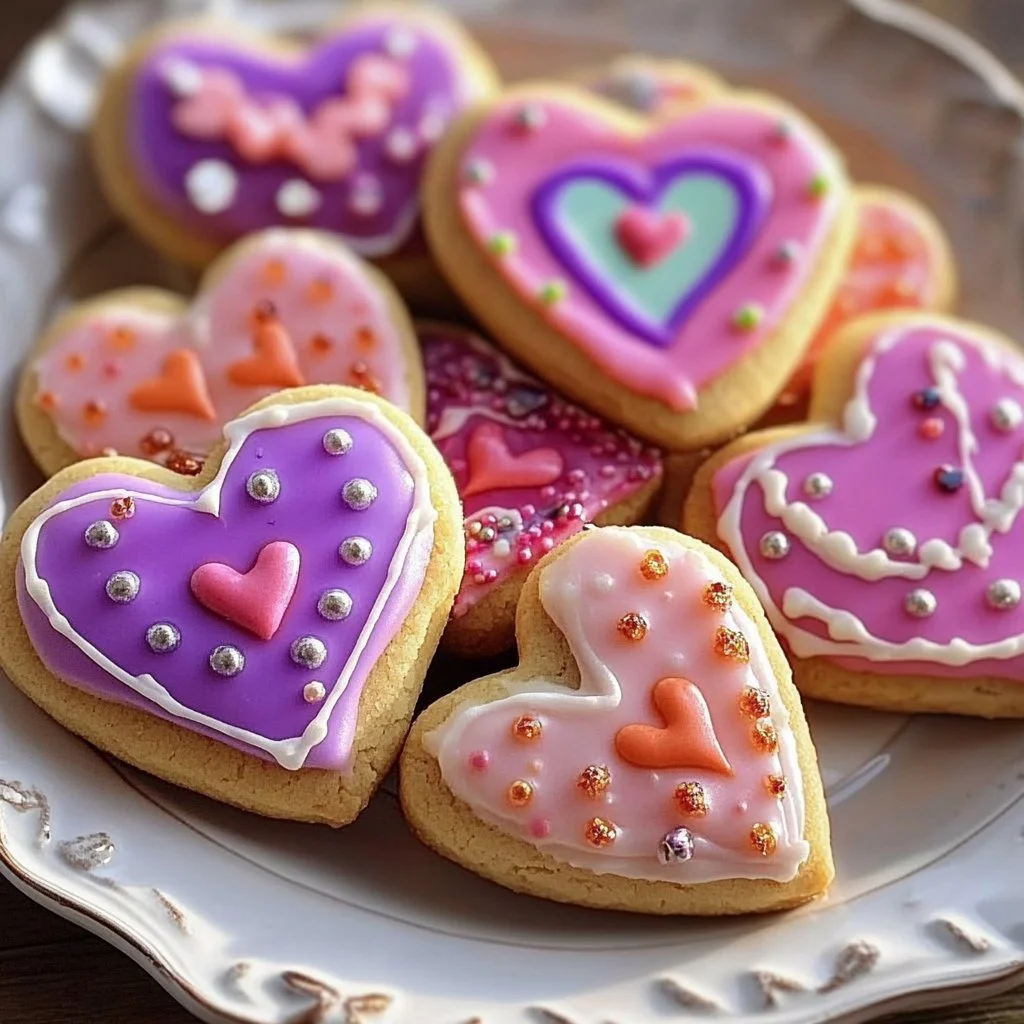 Decorated Valentine Royal Icing Cookies in heart shapes and pastel colors