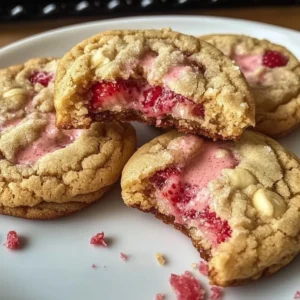Plate of Valentine strawberry cookies decorated with pink icing and sprinkles