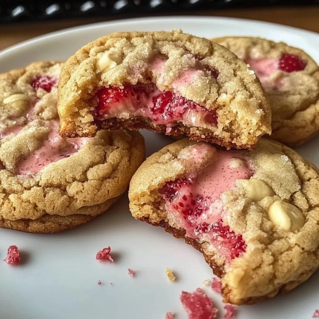 Plate of Valentine strawberry cookies decorated with pink icing and sprinkles