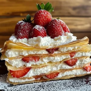 Delicious Valentine Strawberry Crepe Cake topped with fresh strawberries and whipped cream.