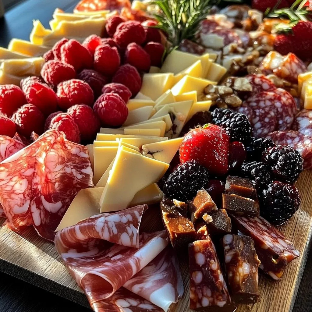 Valentine themed charcuterie board with heart-shaped snacks and elegant cheese arrangements.