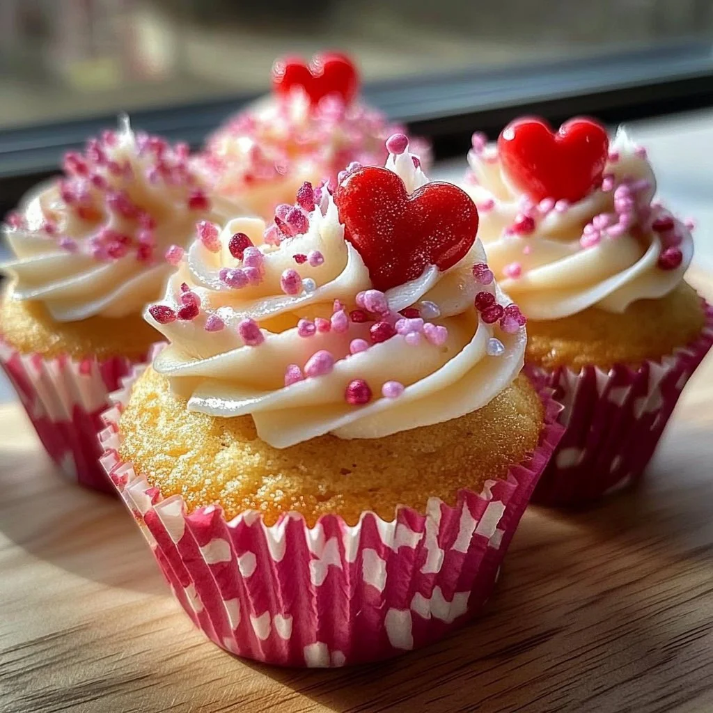 Valentine themed cupcakes decorated with hearts and red icing
