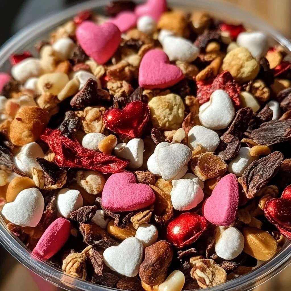 Colorful and heart-shaped Valentine Trail Mix with nuts and candies