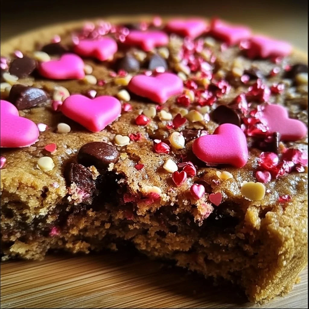 Delicious Valentine's Cookie Cake decorated with hearts and sweet icing.