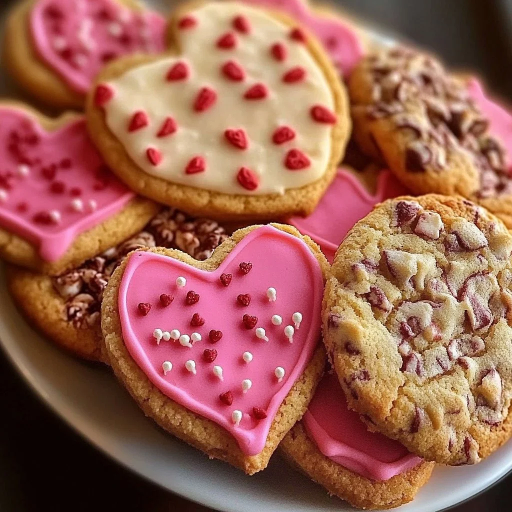Deliciously decorated Valentine's cookies in heart shapes for the perfect gift.