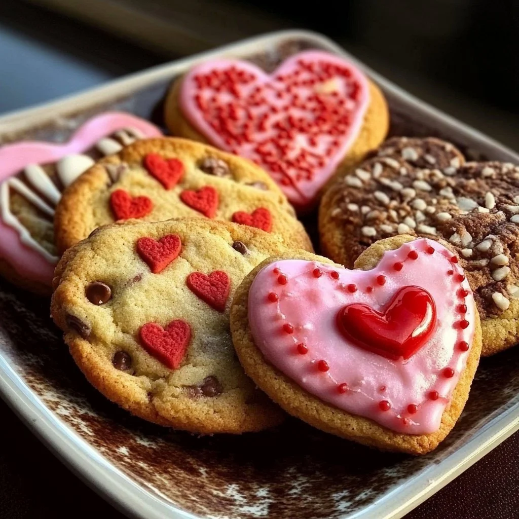 Heart-shaped Valentine's Cookies decorated with icing and sprinkles.