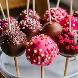 Valentine's Day cake pops decorated with hearts and pink icing
