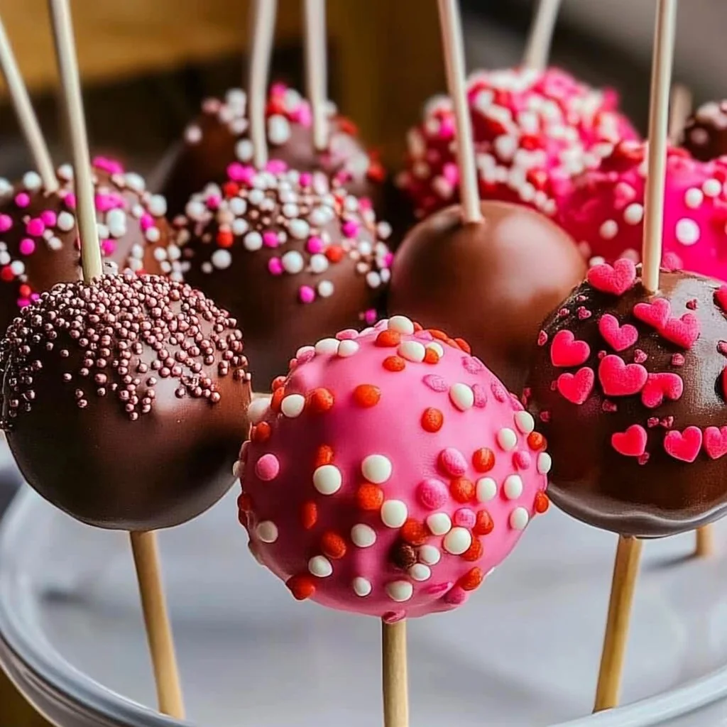 Valentine's Day cake pops decorated with hearts and pink icing