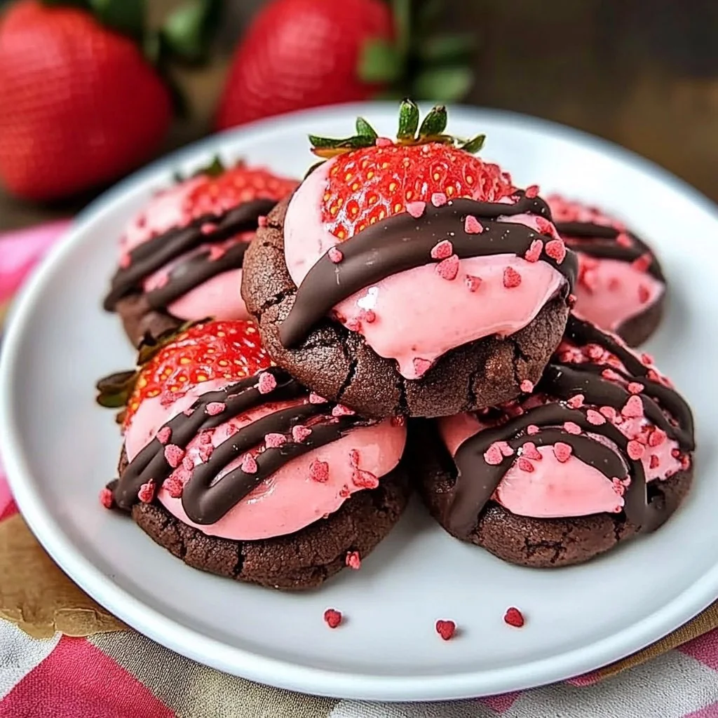 Valentine's Day chocolate covered strawberry cookies on a plate