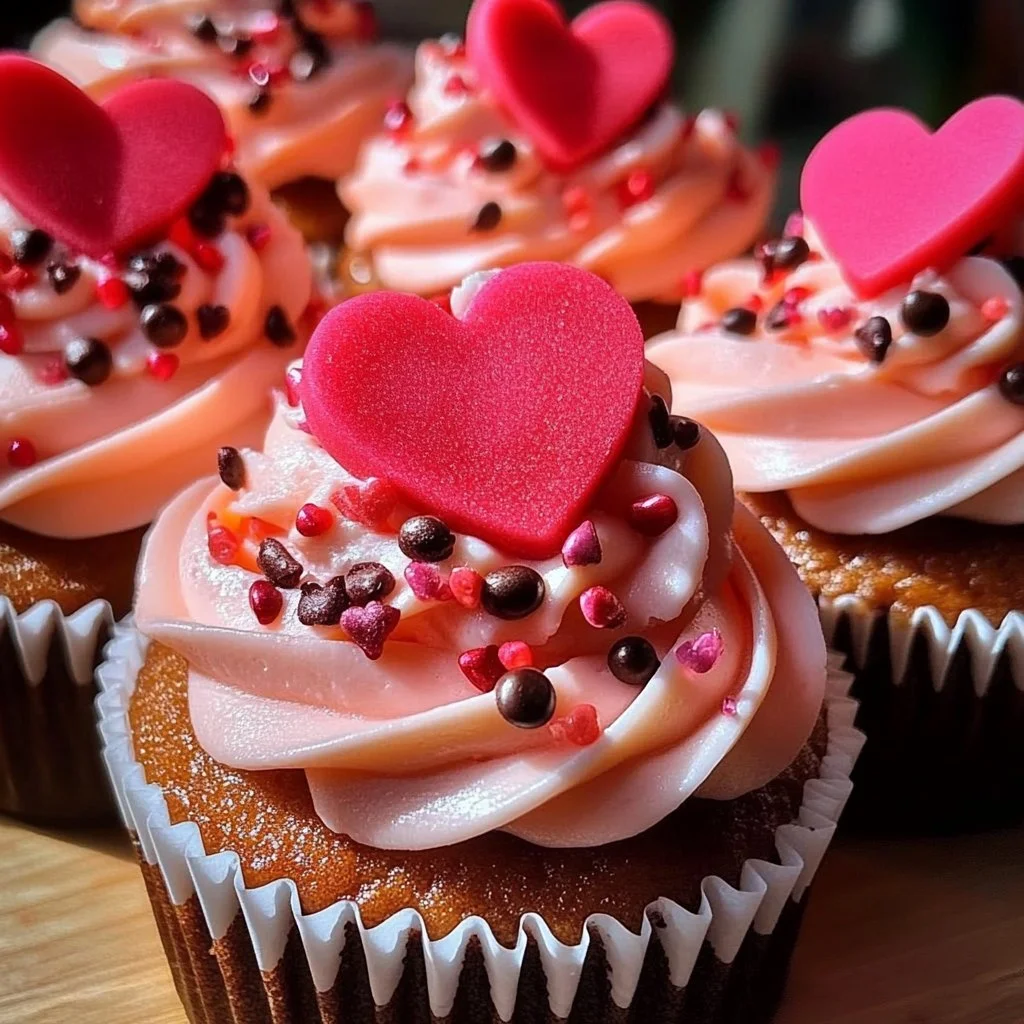 Decorated Valentine's Day cupcakes with hearts and pink frosting.