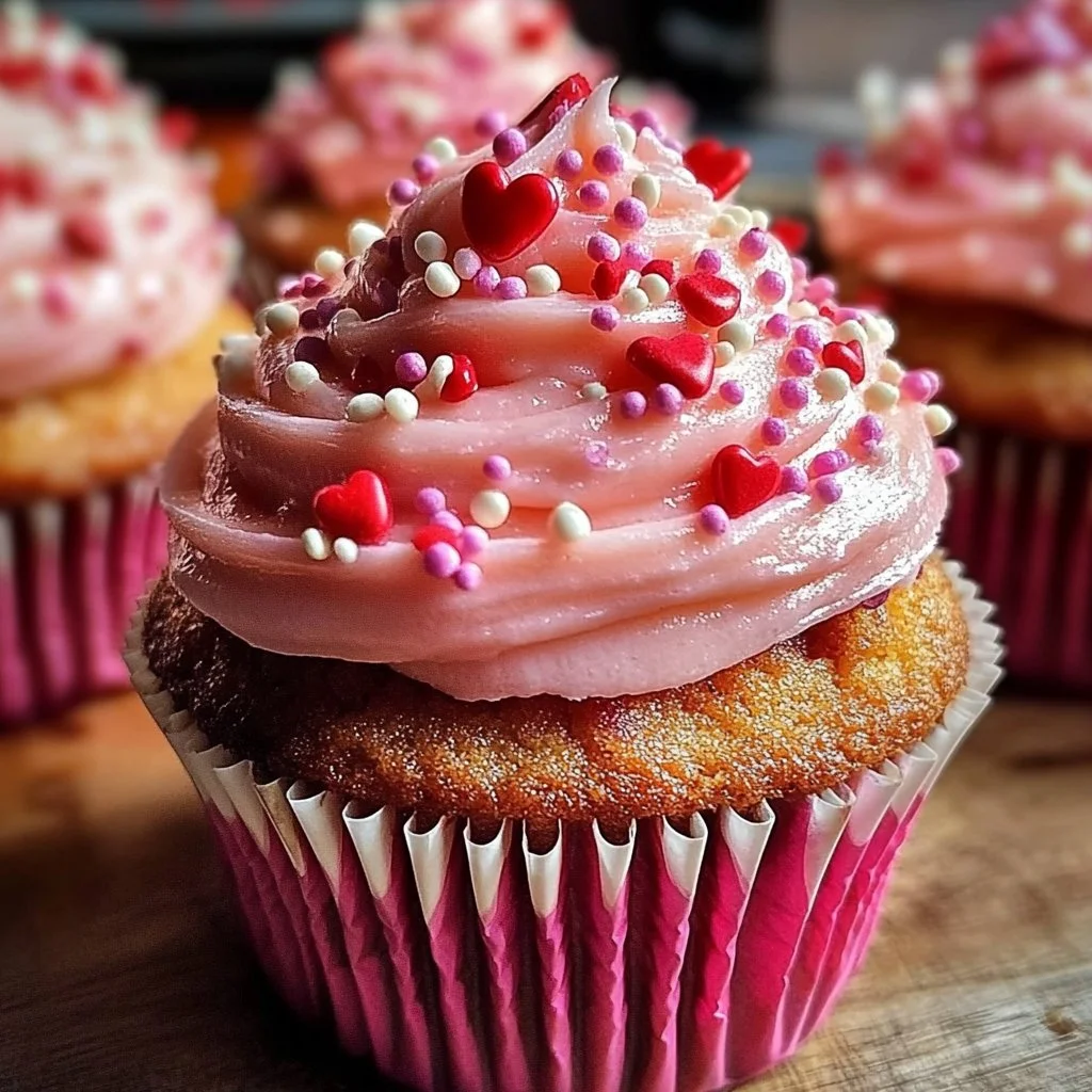Delicious Valentine's Day cupcakes adorned with hearts and sprinkles.
