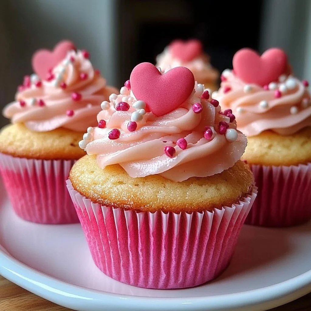 A selection of beautifully decorated Valentine's Day cupcakes with hearts and floral designs.