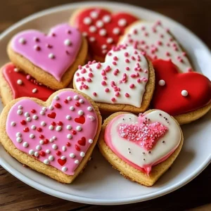 Valentine's Day decorated cookies in heart shapes with sprinkles