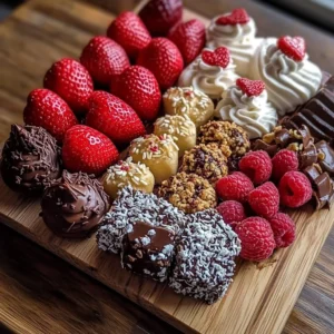 Valentine's Day dessert board filled with chocolates, fruits, and treats