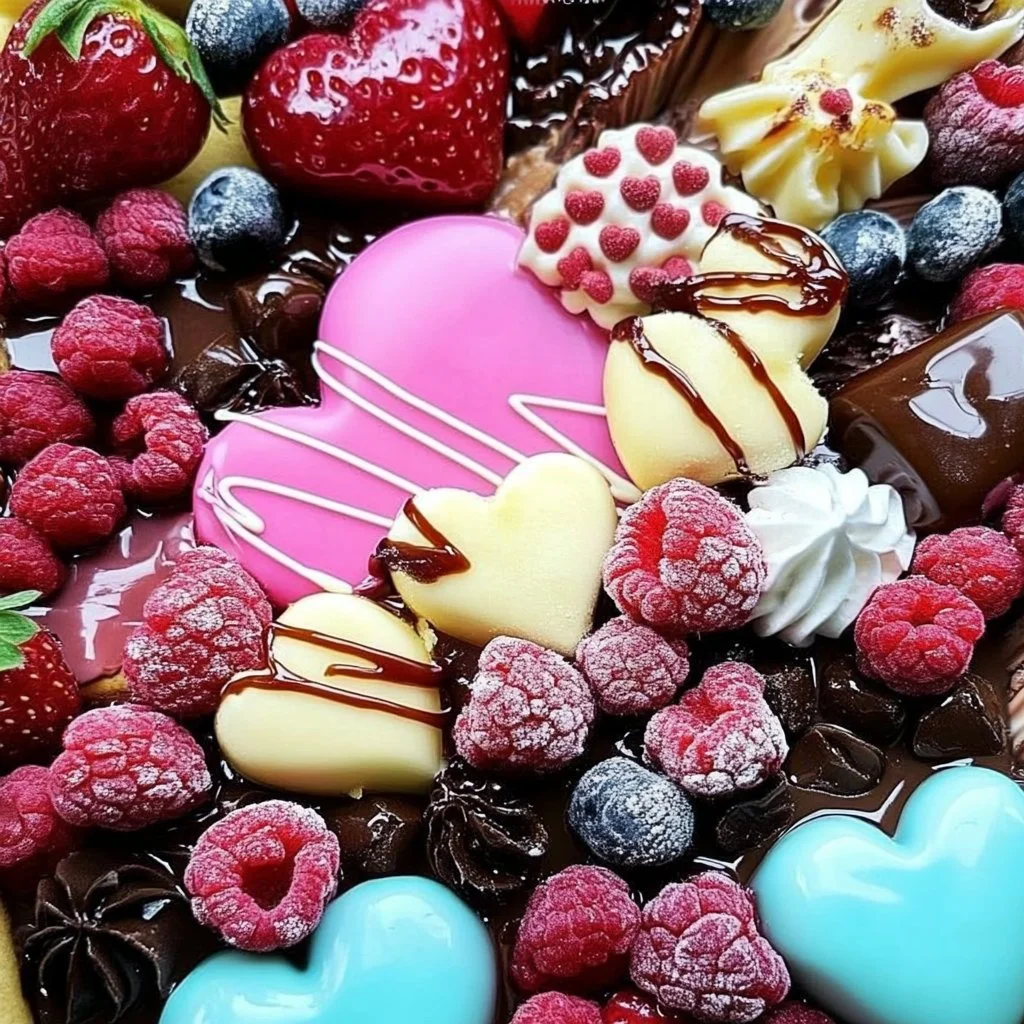 Valentine’s Day dessert board with assorted sweet treats and chocolates.