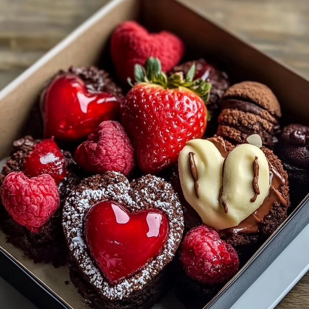 Valentine's Day dessert box filled with chocolates and sweet treats.