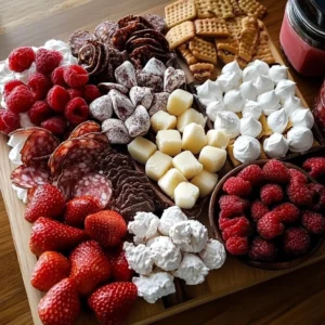 Valentine's Day dessert charcuterie board with chocolates, fruits, and pastries
