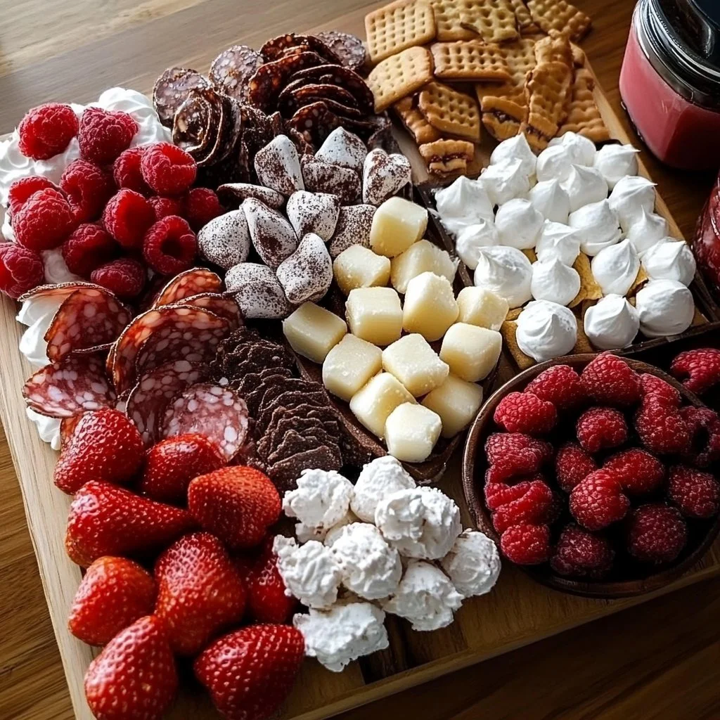 Valentine's Day dessert charcuterie board with chocolates, fruits, and pastries