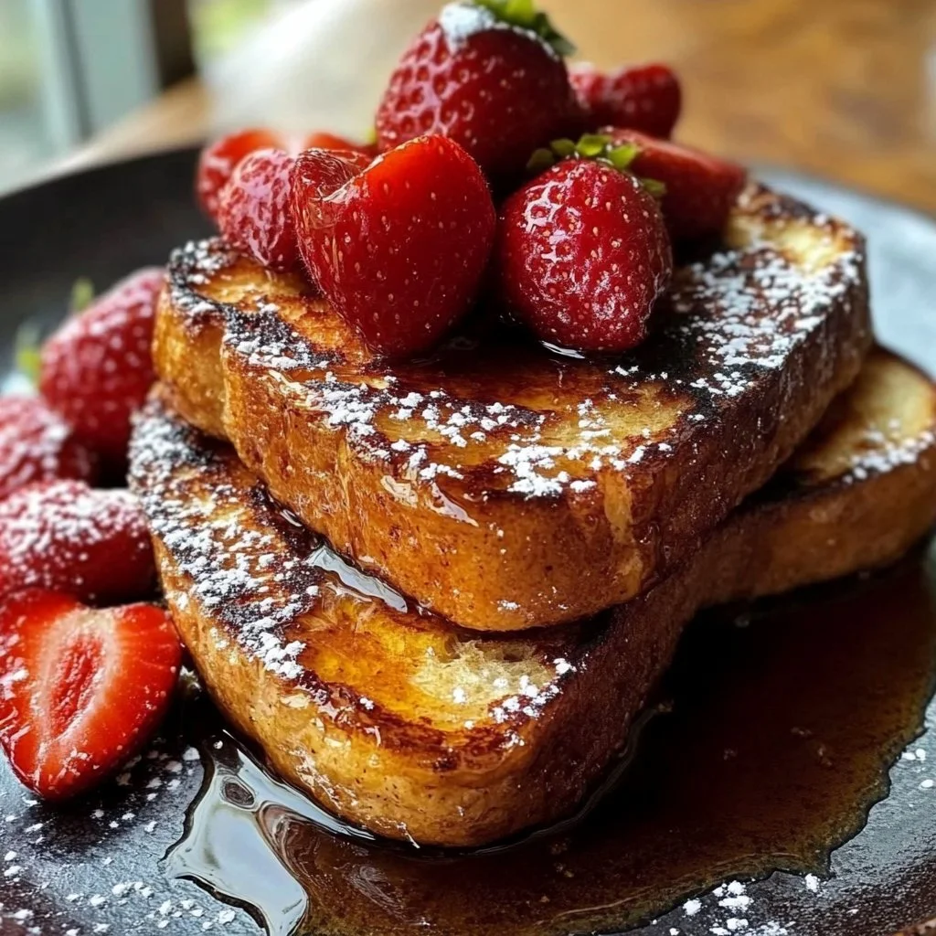 Heart-shaped Valentine's Day French toast garnished with strawberries