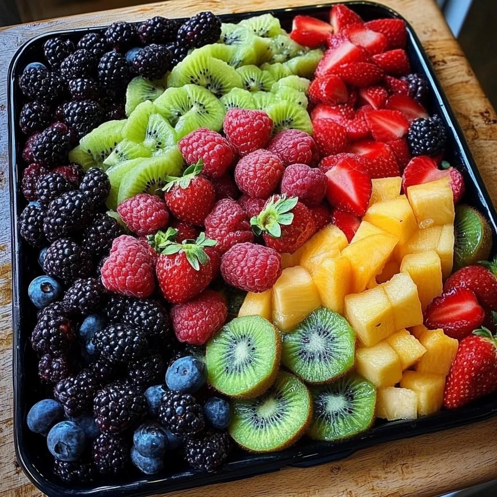 Valentine's Day fruit tray with assorted fresh fruits and heart decorations