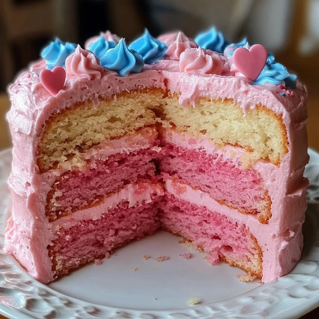 Valentine's Day gender reveal cake with pink and blue filling
