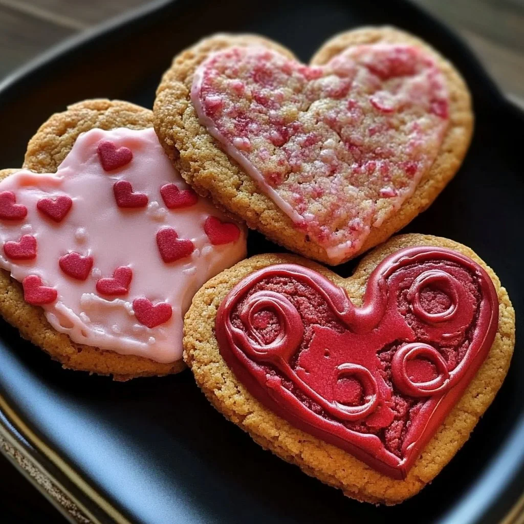 Freshly baked Valentine's Day heart-shaped cookies decorated with icing.