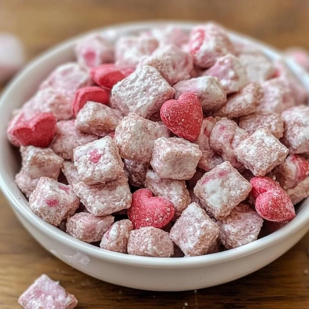 Valentine's Day themed Muddy Buddies treat with heart-shaped sprinkles.