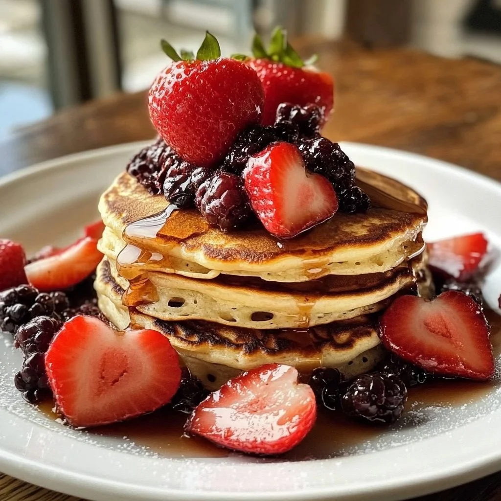 Heart-shaped Valentine's Day pancakes topped with strawberries and whipped cream