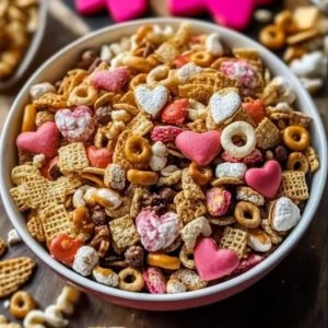 Valentine's Day Snack Mix with chocolate, nuts, and heart-shaped candies