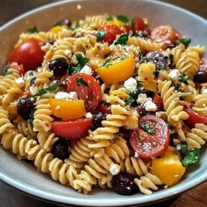 Colorful bowl of vegetarian Italian pasta salad with fresh vegetables and herbs.