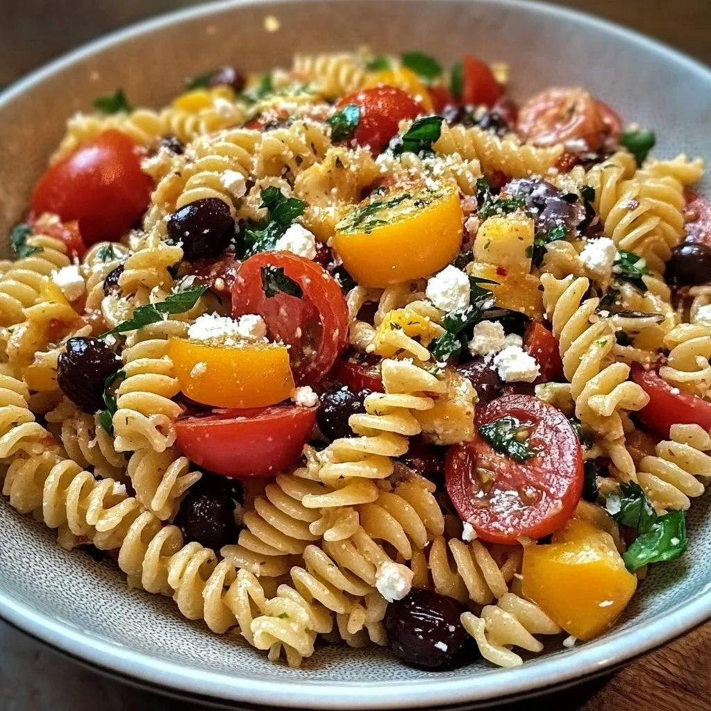 Colorful bowl of vegetarian Italian pasta salad with fresh vegetables and herbs.