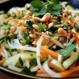 Colorful bowl of Vietnamese noodle salad with fresh veggies and herbs.