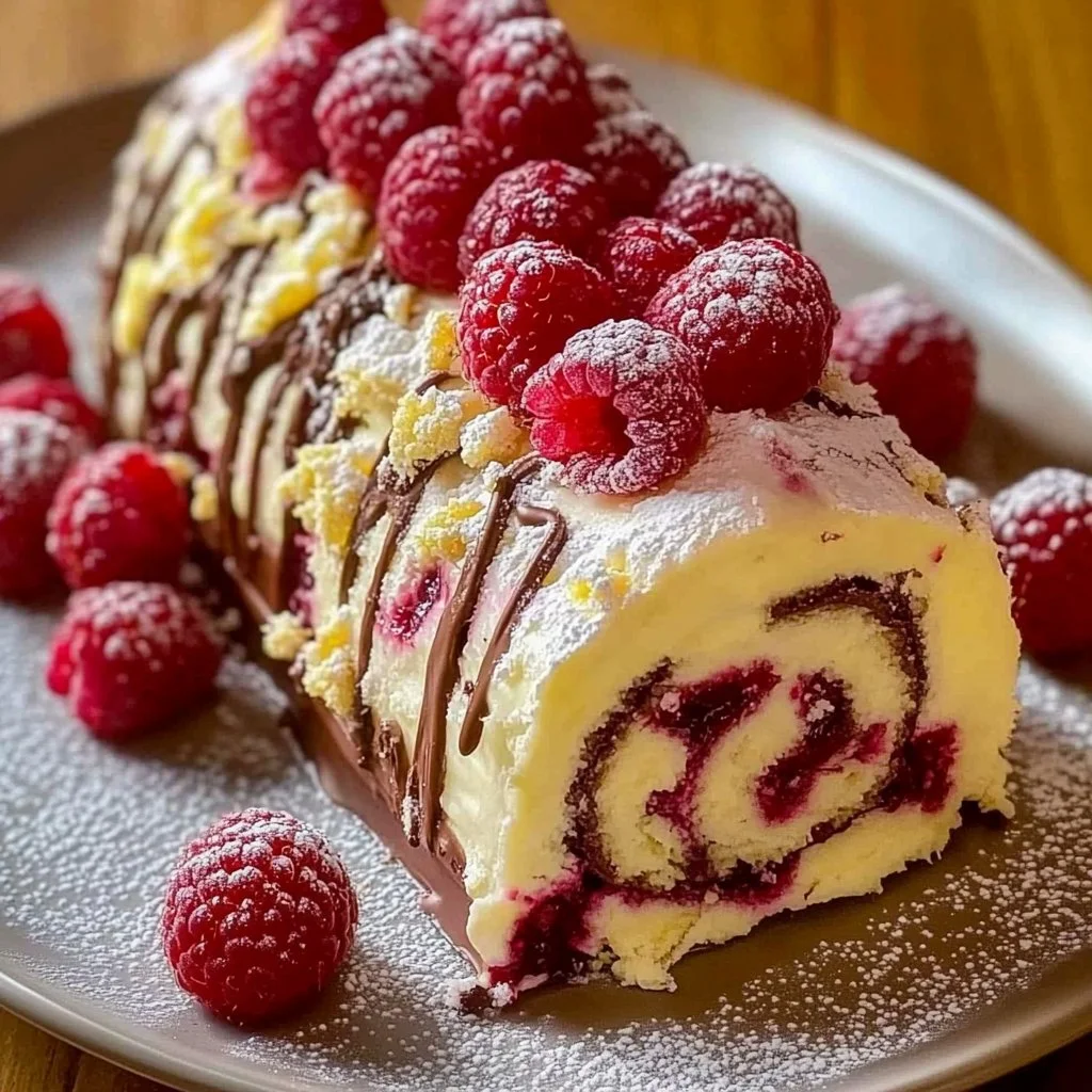 White Chocolate Raspberry Yule Log dessert, festive holiday treat