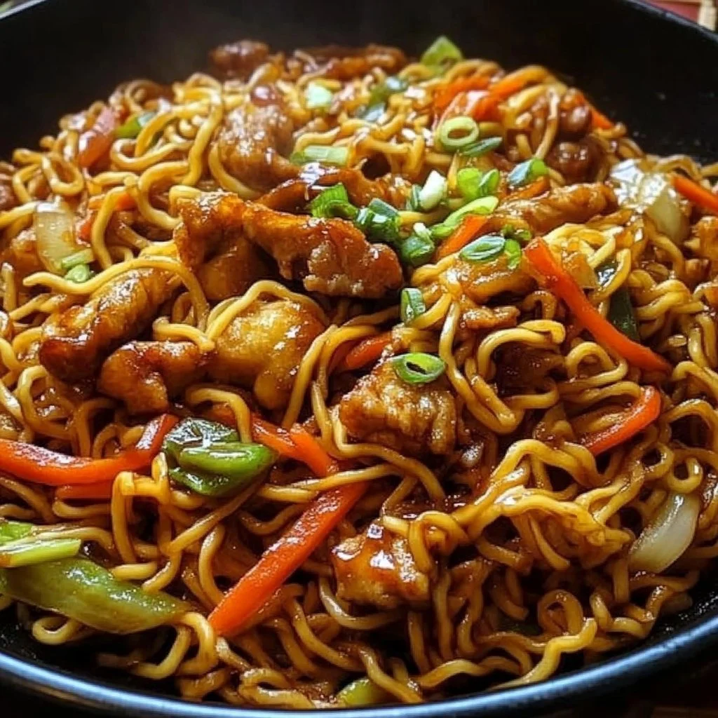 Delicious yakisoba noodles served with colorful vegetables and protein