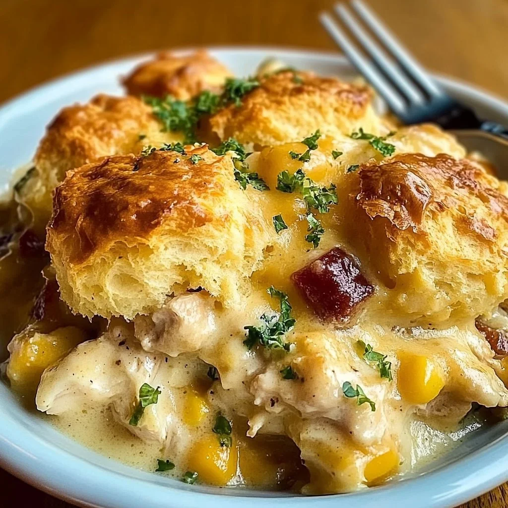 Delicious Chicken and Biscuit Cobbler served in a baking dish, ready to eat.