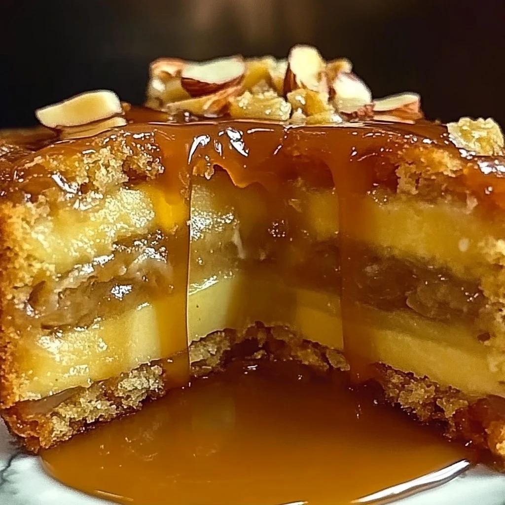 Delicious Apple Date Almond Sponge topped with golden caramel drizzle.