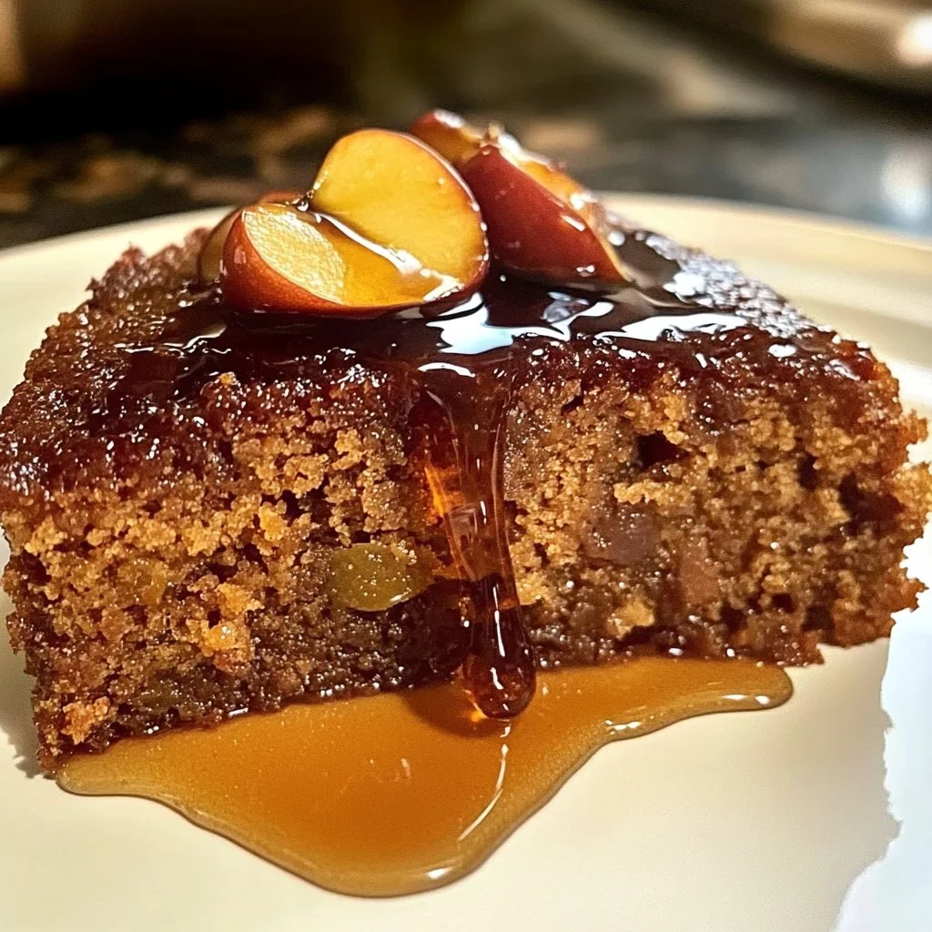 Delicious Apple Date Honey Spice Cake with Hot Syrup served on a wooden table