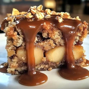 Apple Oat Sponge dessert with toffee drizzle served on a plate