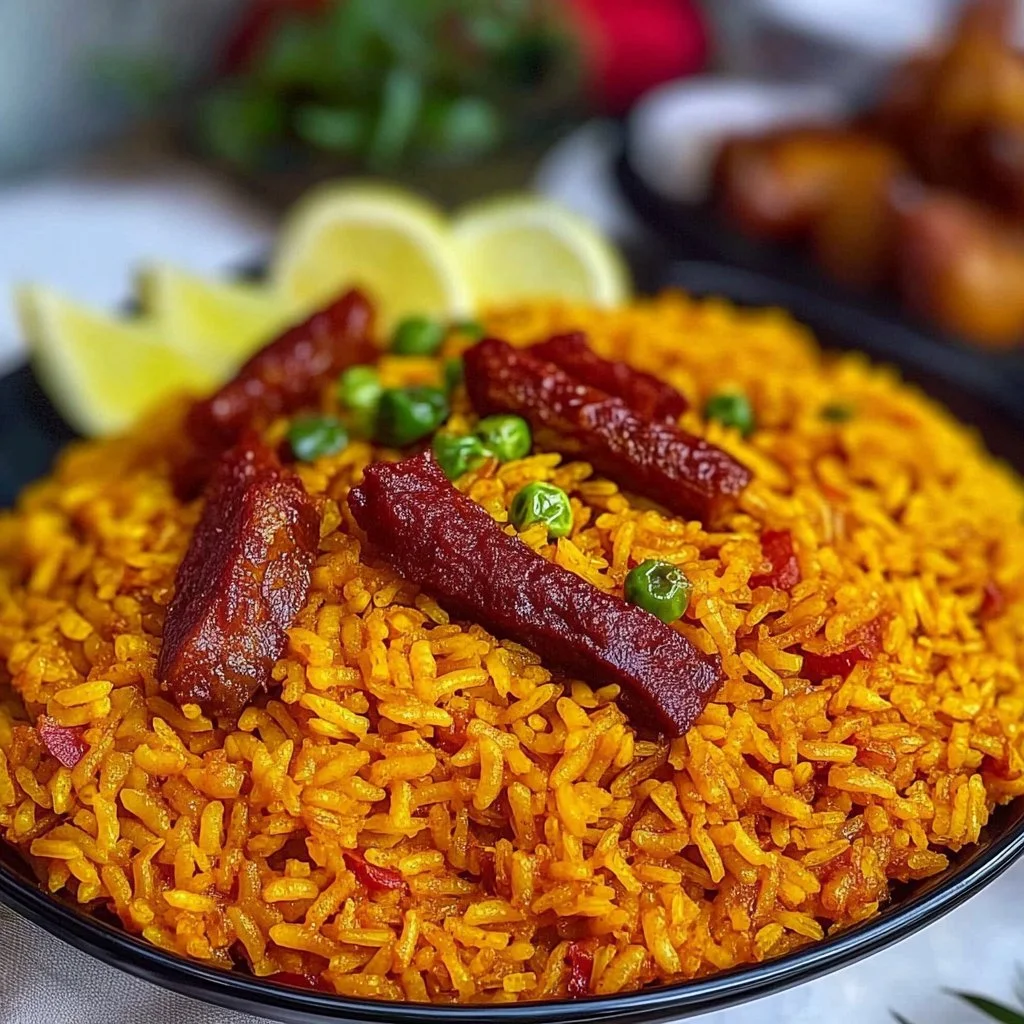 Bowl of authentic West African Jollof Rice with colorful vegetables and spices
