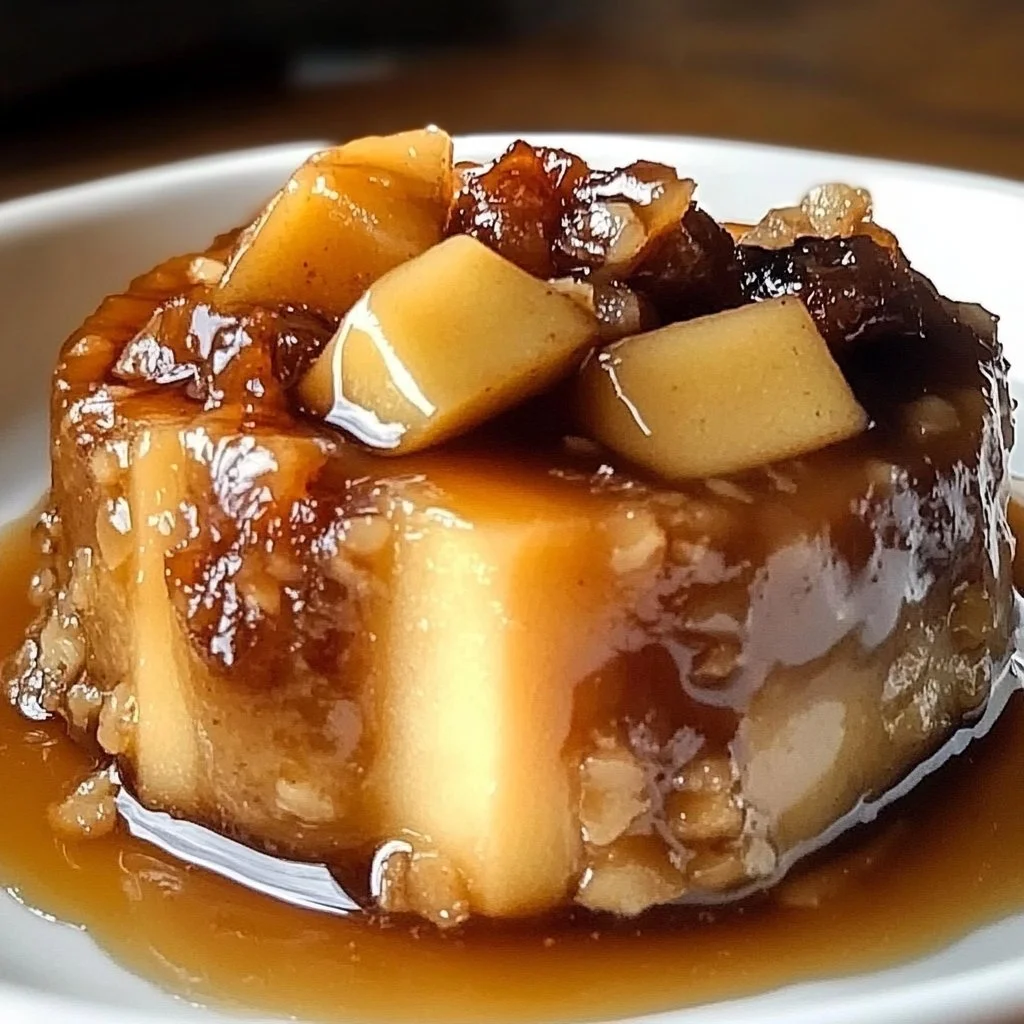 Baked Apple & Date Honey Pudding served in a dish with a spoon beside it