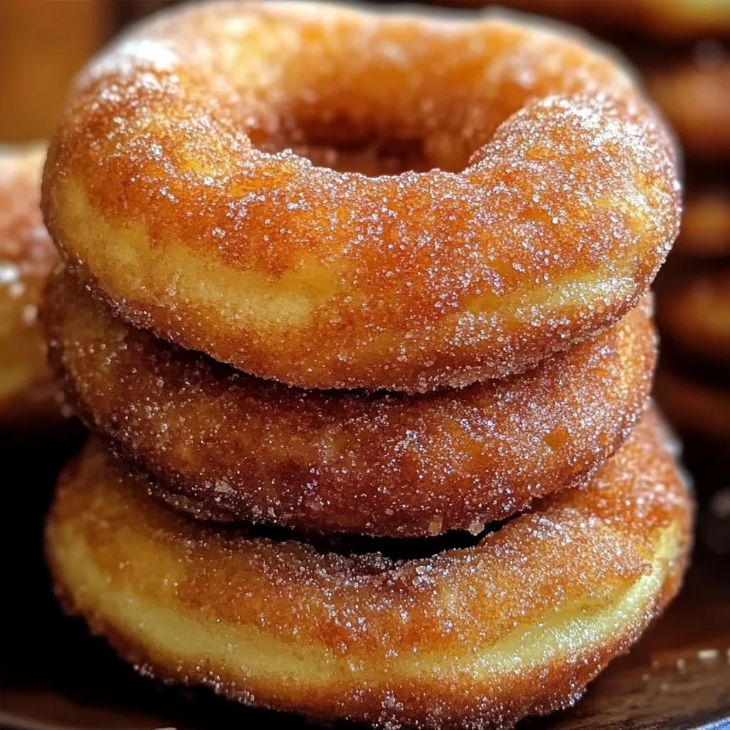 A plate of freshly baked apple donuts with a cinnamon sugar coating.