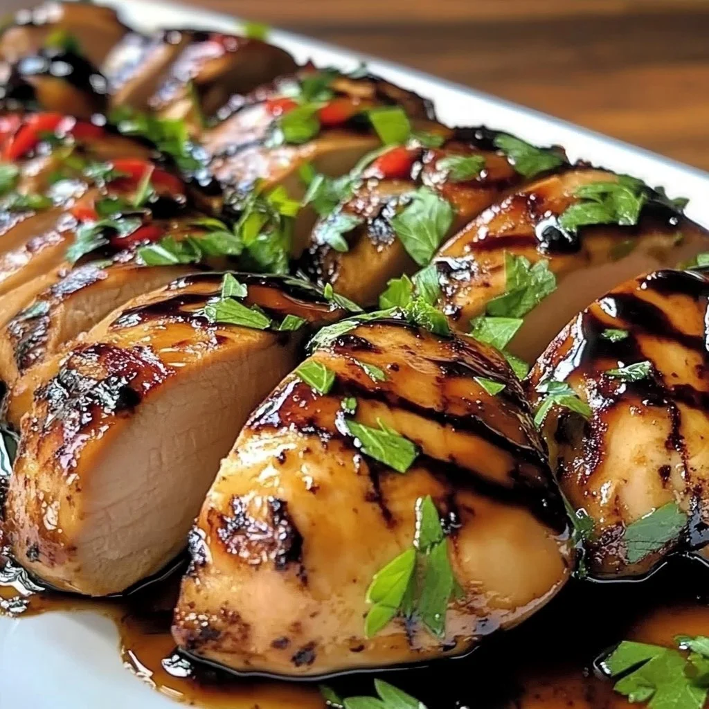 Delicious balsamic chicken served with herbs and vegetables on a plate