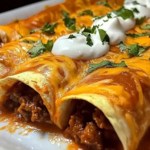 Delicious beef enchiladas served with garnishes and toppings