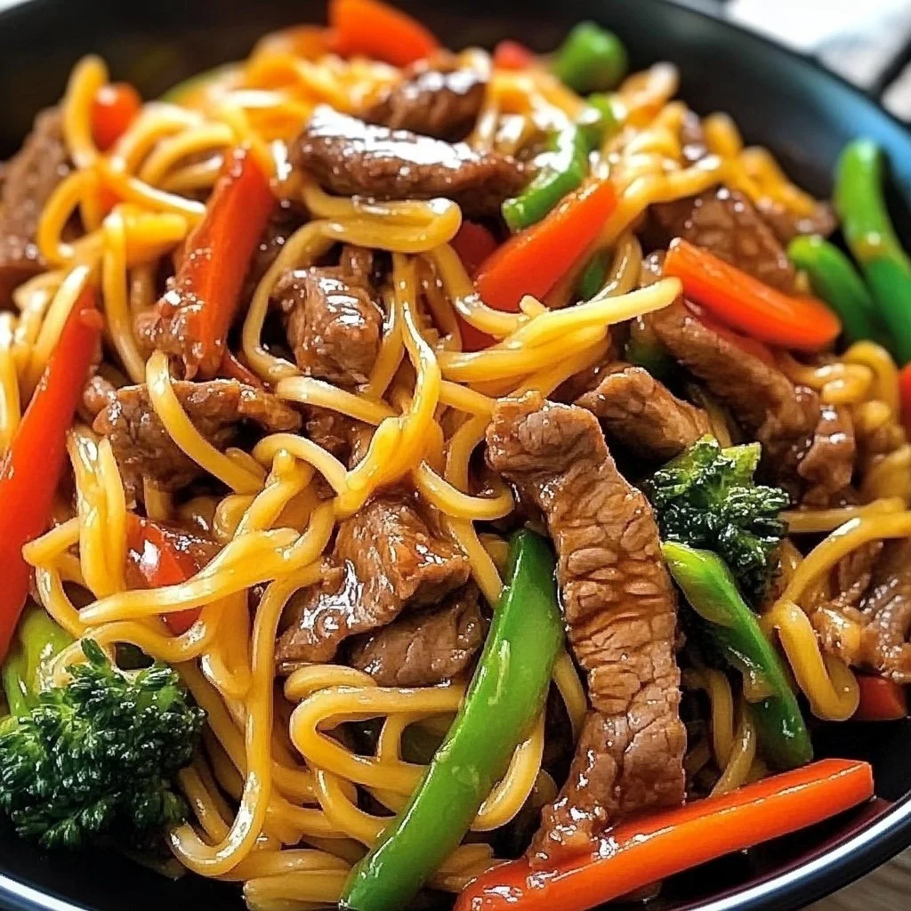 A vibrant plate of Beef Lo Mein with colorful vegetables and delicious stir-fried noodles.
