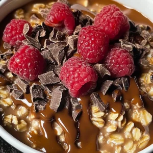 Bowl of Best Ever Chocolate Oatmeal topped with fruits and nuts