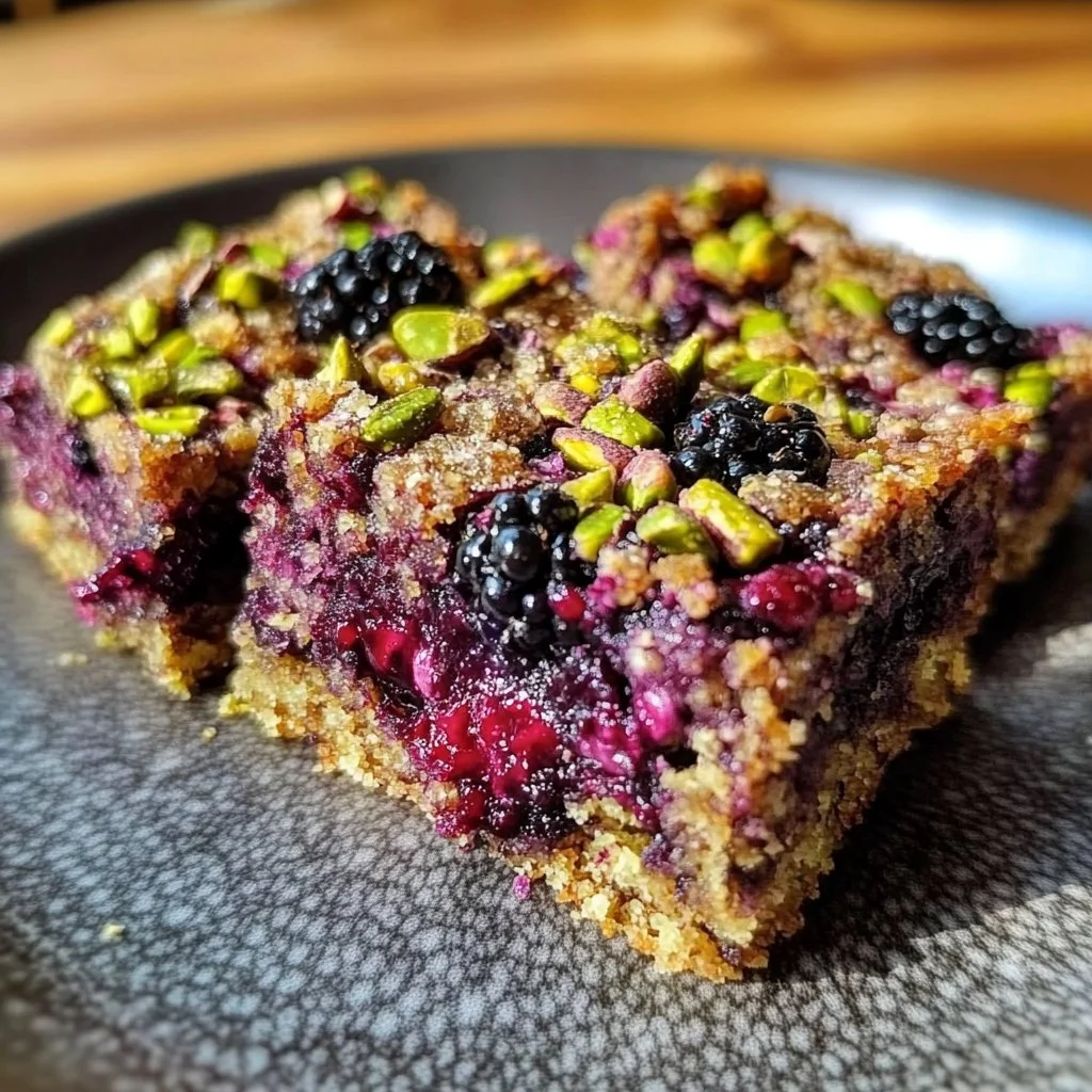 Deliciously vibrant Blackberry Pistachio Bars with a nutty topping and fresh berries.