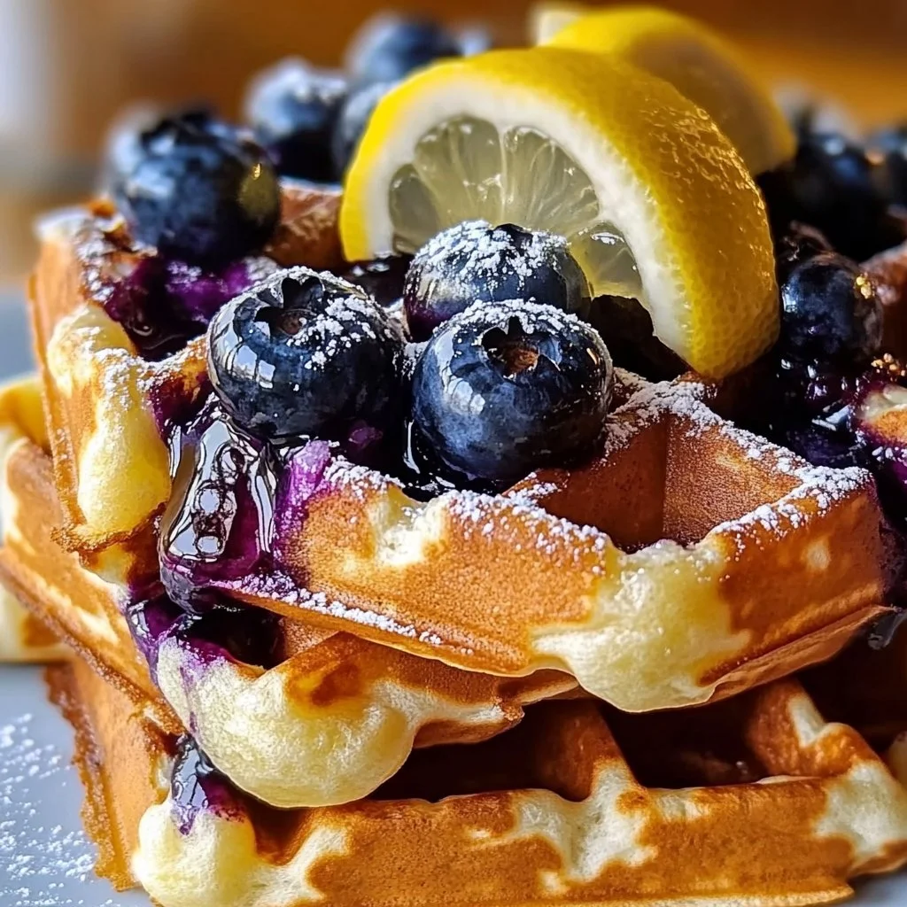 Delicious blueberry lemon zest waffles served with fresh blueberries and syrup.