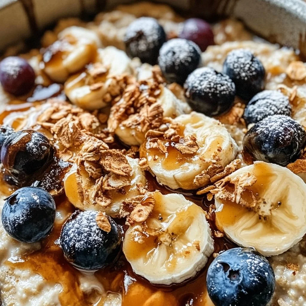Delicious bowl of caramelized banana split oats topped with fresh fruits and nuts.