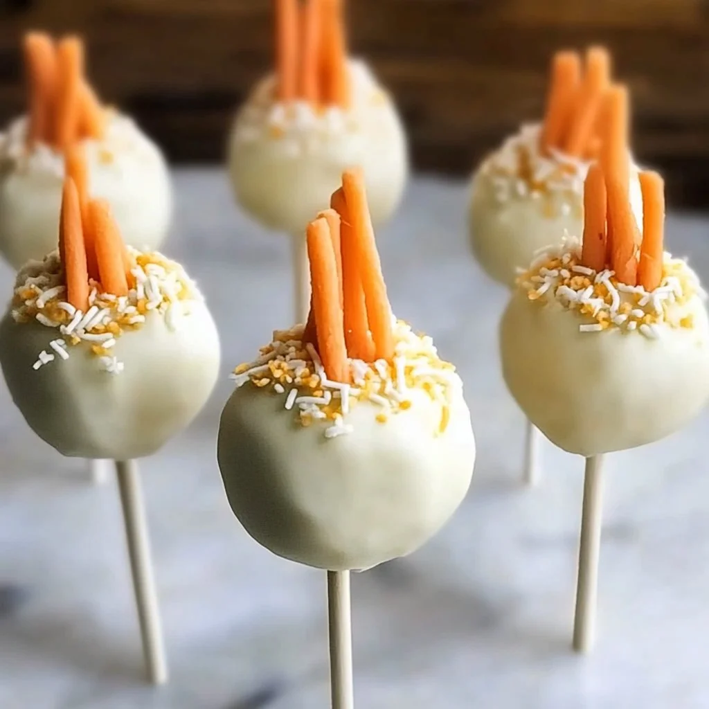 Delicious carrot cake pops decorated with cream cheese frosting and sprinkles.